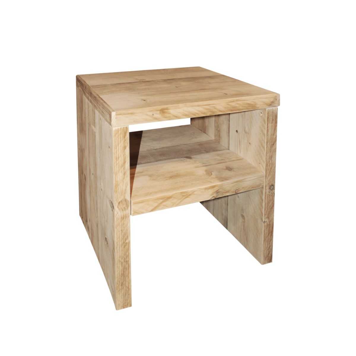 Bauholz Hocker mit Einlegeboden, Wangenform